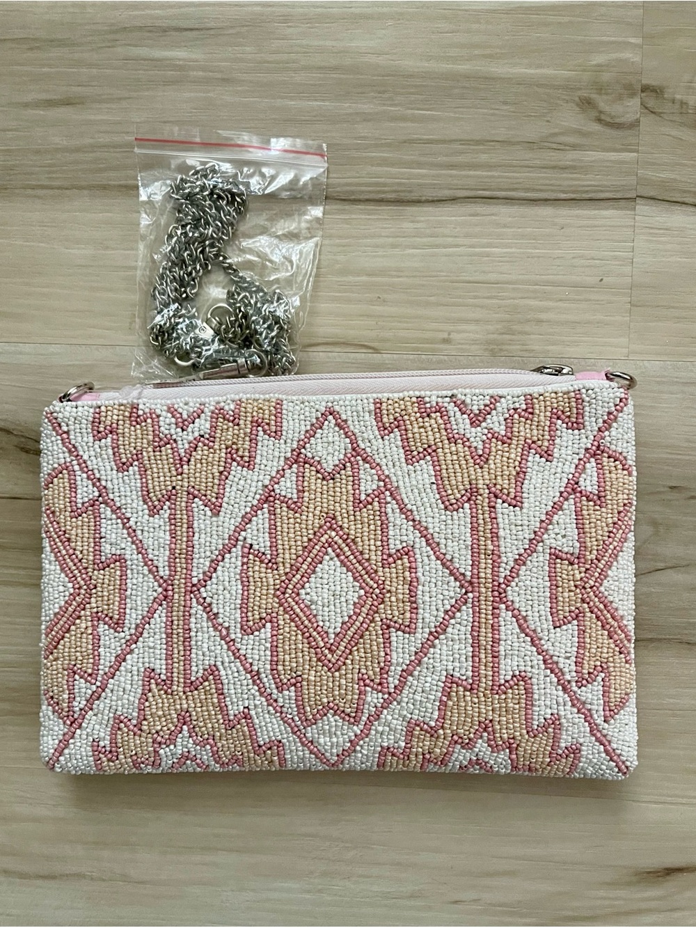 Beaded Pink & Cream Geo Crossbody Clutch